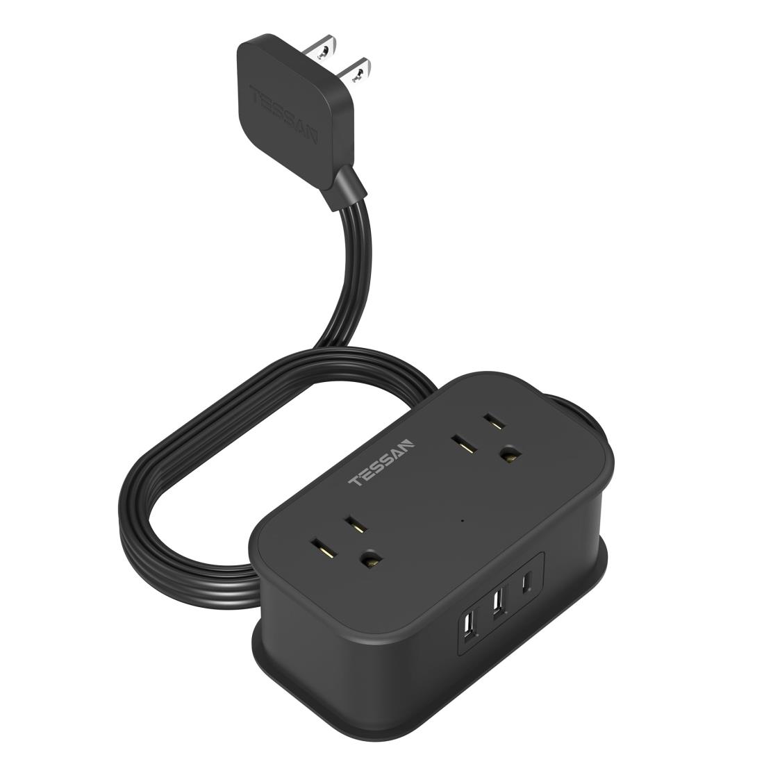 延長コード 短い 1m 電源タップ type-C付き コンセント 薄型 ブラック TESSAN タコ足配線 テーブルタップ 4個口 1タイプCと2タイプAポート 出張/旅行用 2ピン/3ピン適用 黒