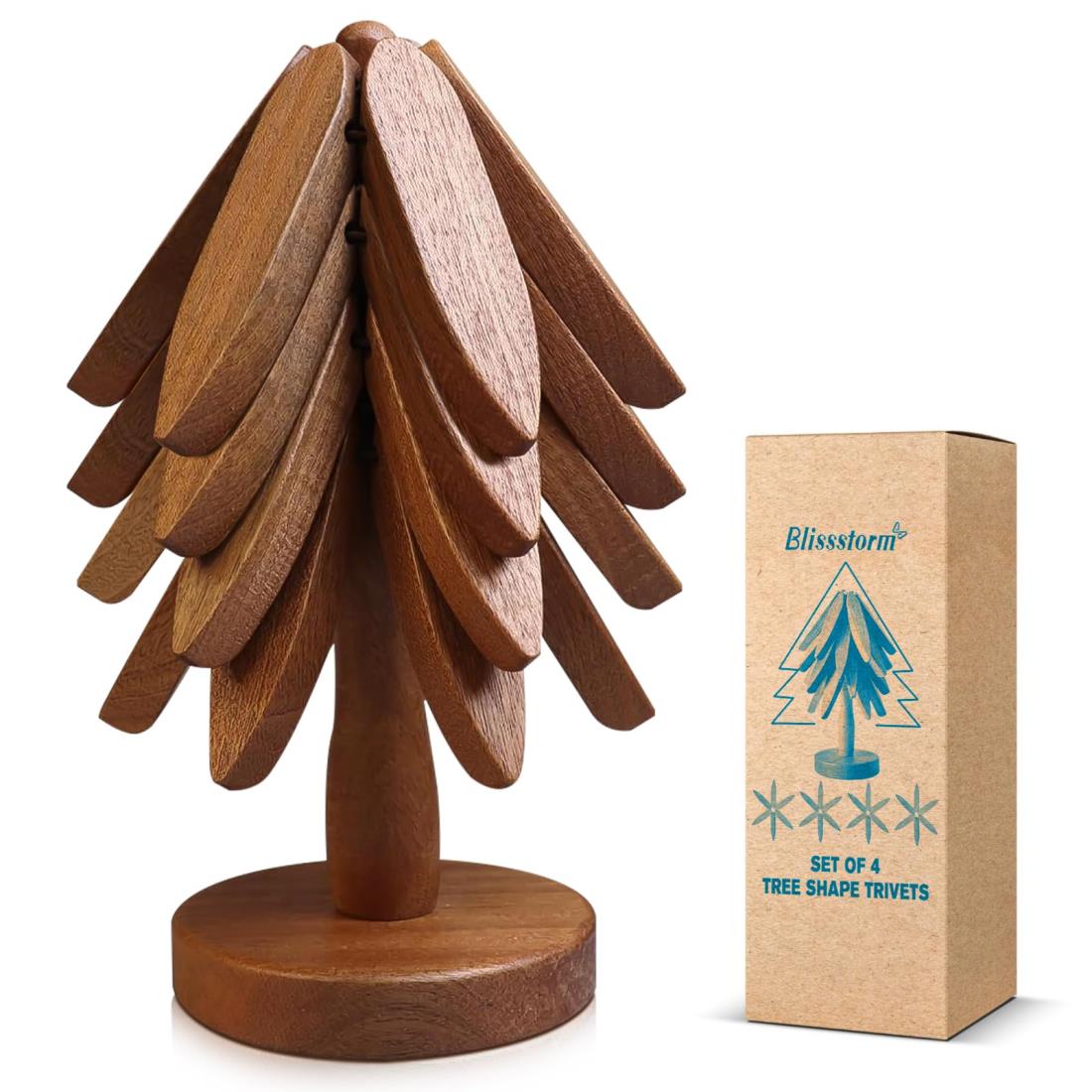 2025年木製ツリーデザイン鍋敷きセット – クリスマスツリー型収納スタンド付き、エレガントなキッチン..
