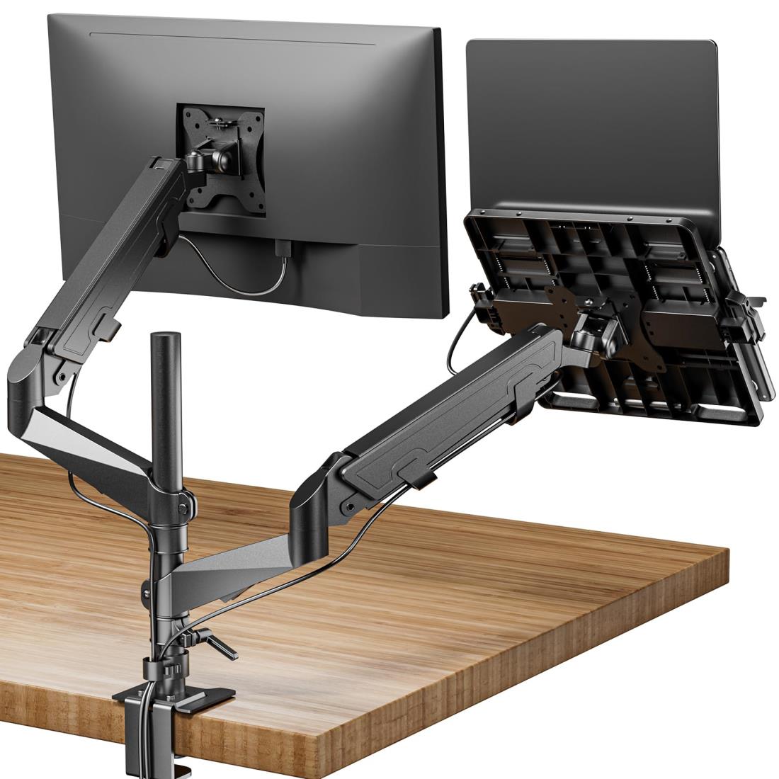 工匠藤井 デュアル ノートパソコン/モニターアーム モニターアーム 2画面 トレイ付き 高度0~90cm ガススプリング式 15～32インチ対応 耐荷重0-9kg ノートpc アーム ケーブル収納 クランプ式＆グロメット式 VESA75*75/100*100