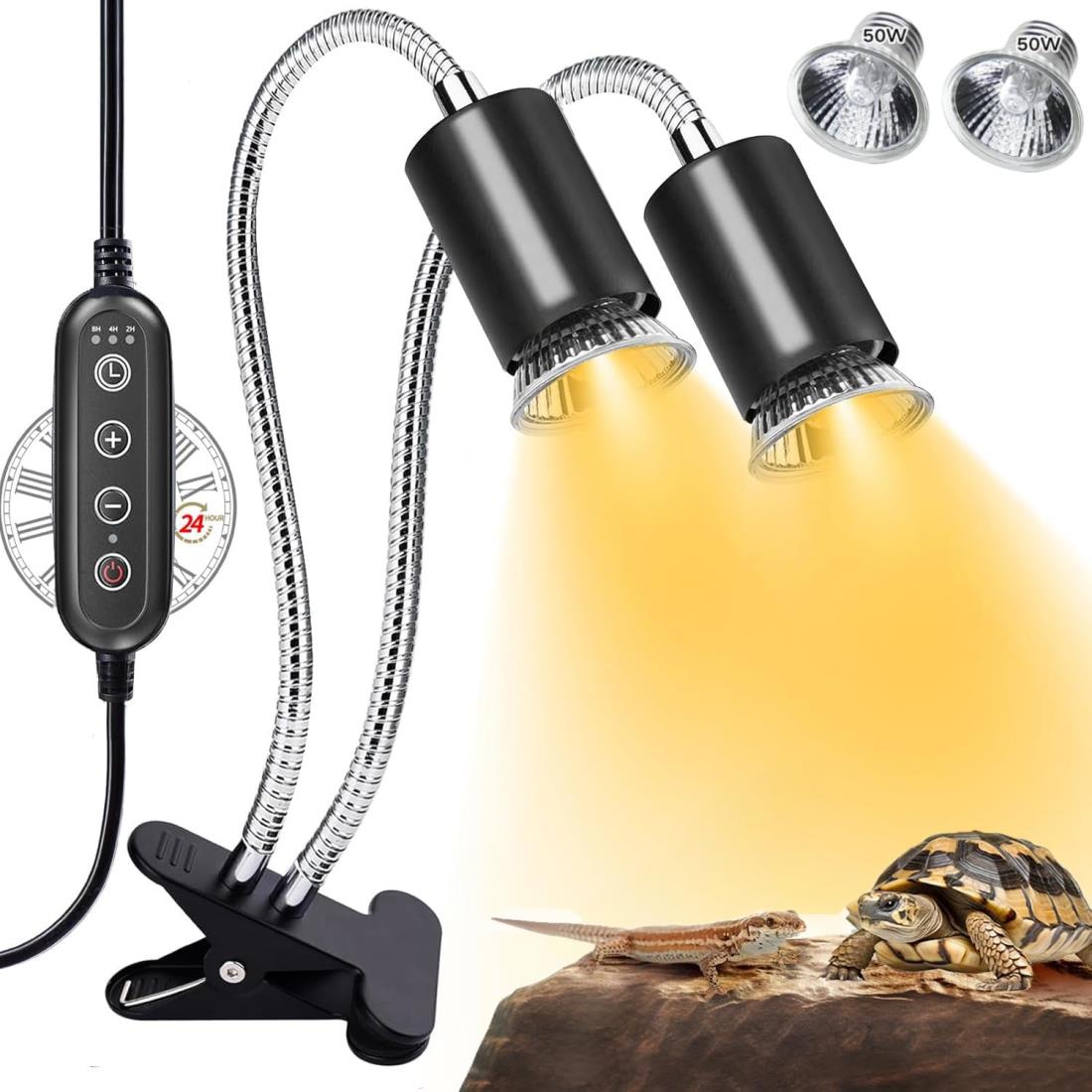 aninako 双頭爬虫類ライト 亀 日光浴ライト 【附属照明器具50W*2保温電球】 両生類用ライト バスキングライト タイマー機能 明るさ調節可能 360度回転可能 簡単操作 2頭爬虫類 ライ（タイマー2時間-4時間-8時間,銀 ）