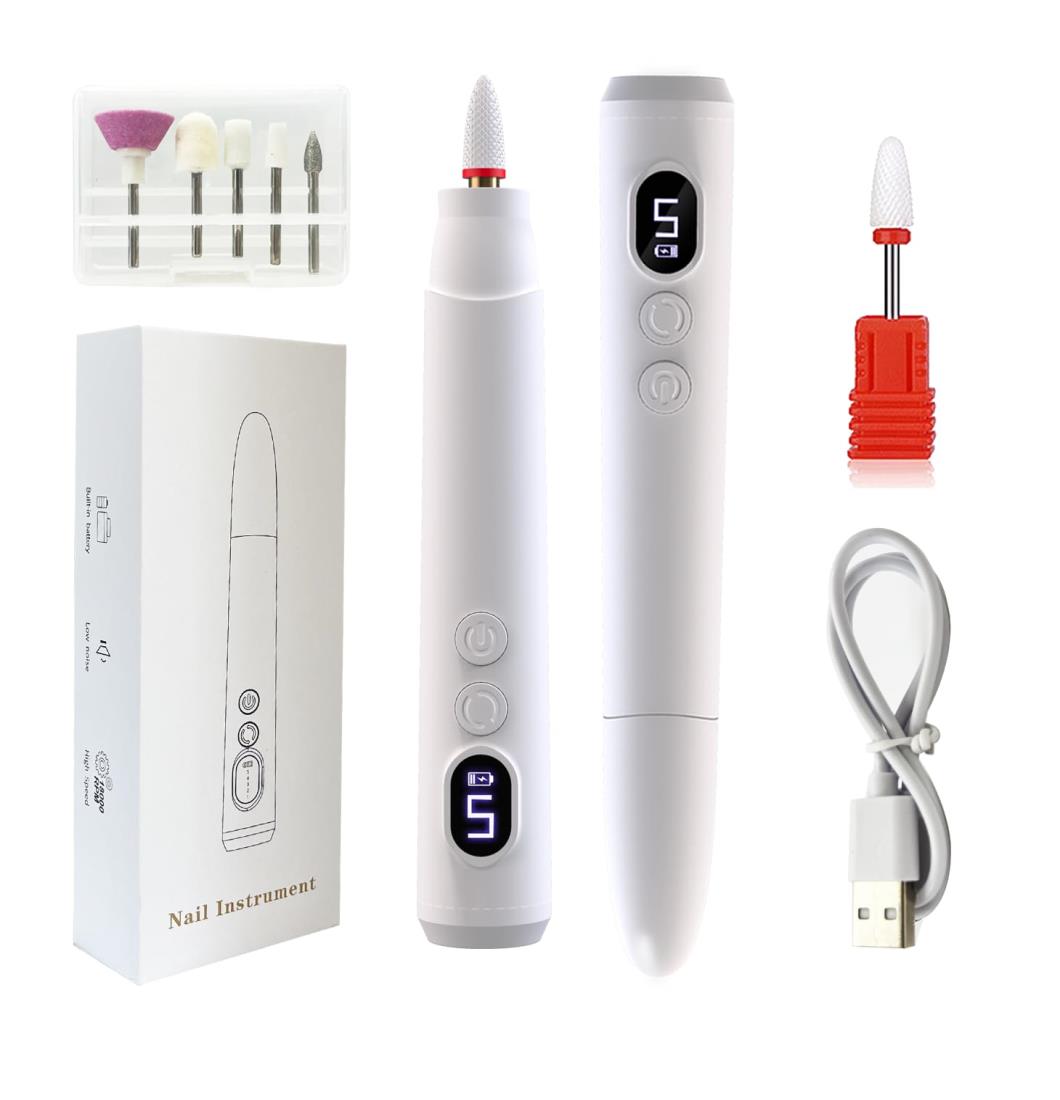 Hebite 電動ネイルマシン ネイルオフ LEDライト付き コードレス 2in1 電動ネイルケアキット 甘皮処理 研磨 爪磨き 5段階スピード調整可能 正逆回転 爪やすり ジェルネイルケア 6個のビット USB給電 角質除去 可愛い 自宅サロン用 日本語取扱説明書付き（ホワイト）