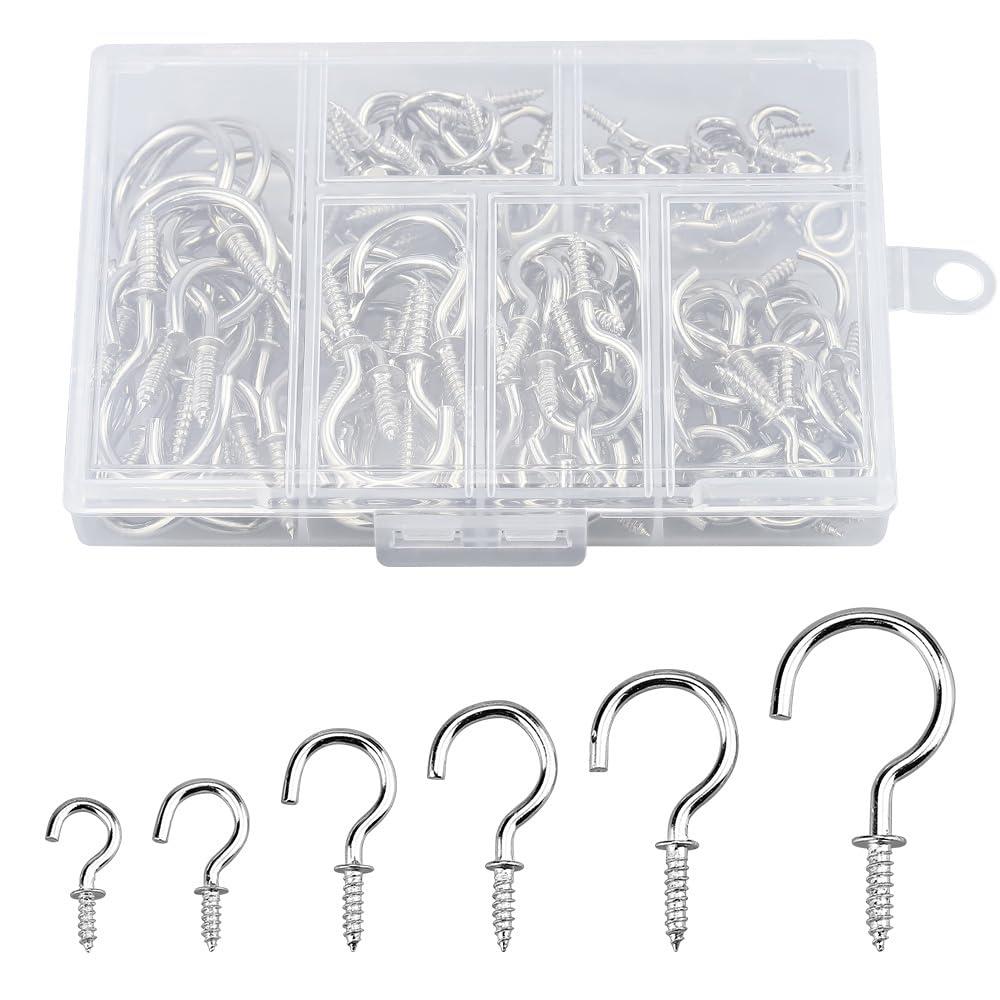 Lantoo スクリューフック ねじ付き 天井用吊り 6サイズ 110個入り 収納ケース付き 壁 植物 台所 吊り下げ用 (シルバー)