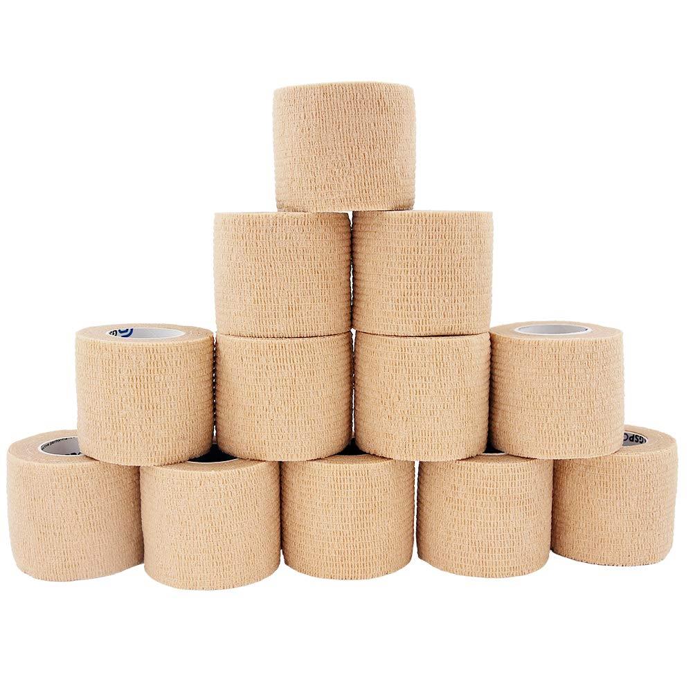 包帯 自己粘着包帯 ール 凝集包帯 伸縮包帯 弾性包帯 通気性 多用途 自着性包帯セット テーピング バンデージ 伸縮性 通気性 ペットにも (肌色, 12ロ)