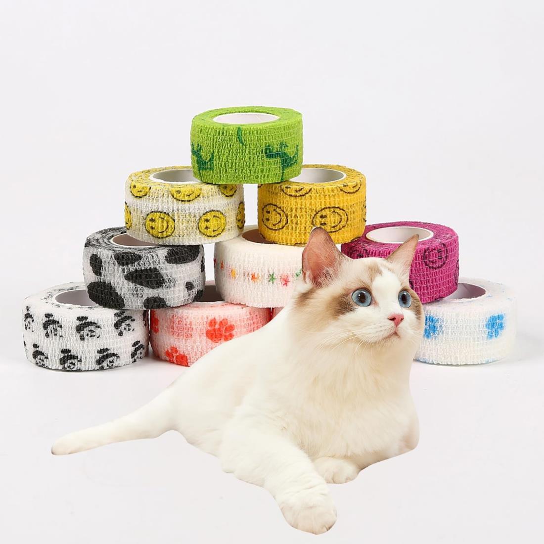 QuickYen ペットフレックス 6/12個入り 弾性包帯 くっつく包帯 自己粘着性 伸縮性多機能エラスティックバンデージ 舐め防止 ペット用 通気性 耐水性 運動保護 傷舐め防止 可愛い柄 4m x 2.5cm (12個入り)