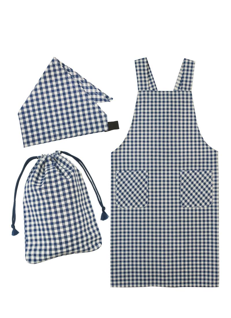[ON NISHIKI] キッズエプロン 子供用 男の子 女の子 3点セット (エプロン 三角巾 巾着袋) 着脱簡単 バッククロス ポケット付き (:04/120-140/WTC208)
