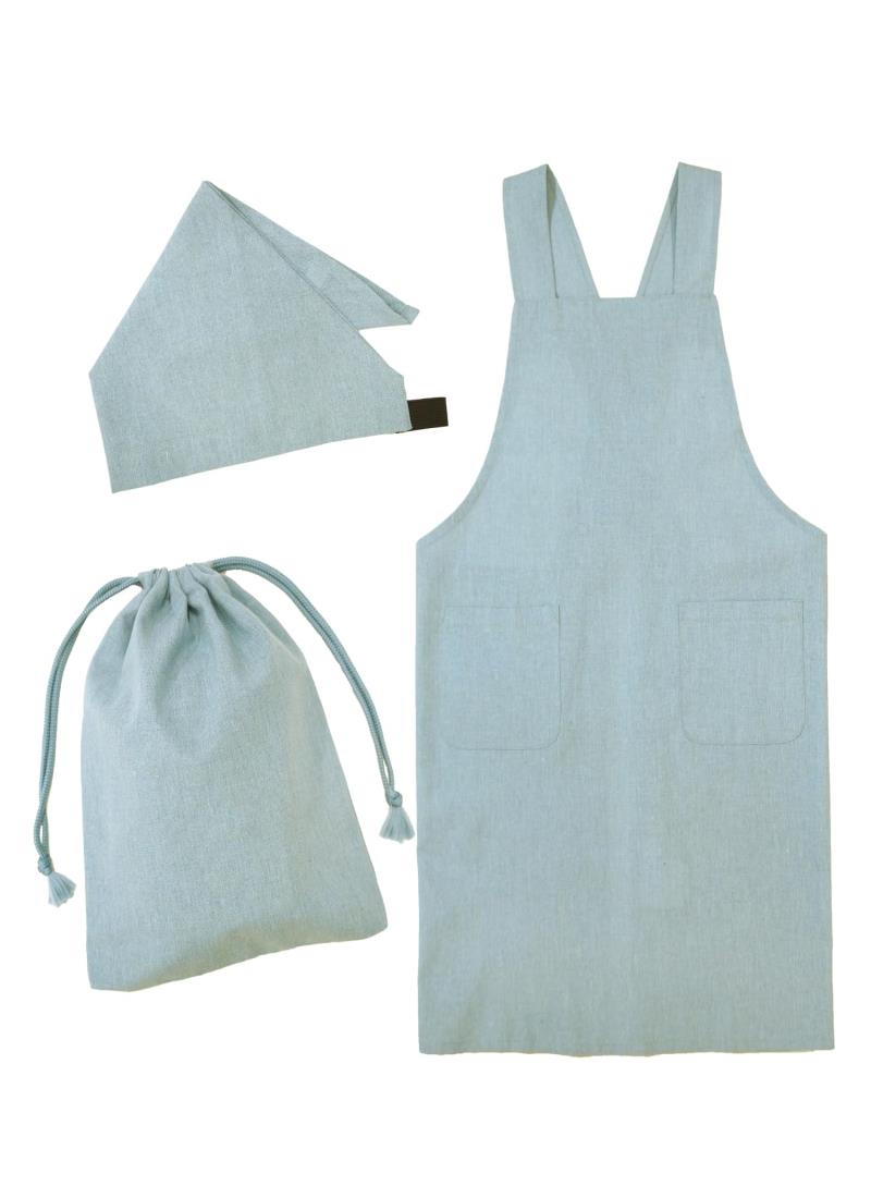 [ON NISHIKI] キッズエプロン 子供用 男の子 女の子 3点セット (エプロン 三角巾 巾着袋) 着脱簡単 バッククロス ポケット付き (無地:02/120-140/WTC208)