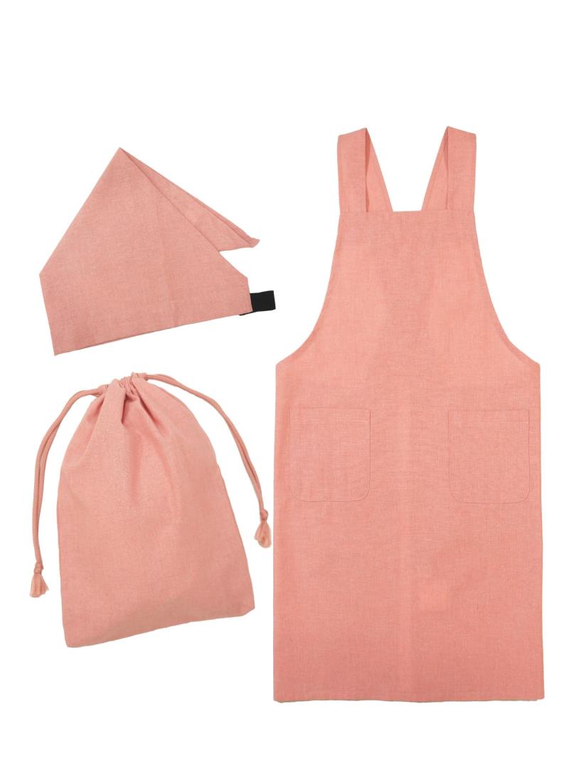 [ON NISHIKI] キッズエプロン 子供用 男の子 女の子 3点セット (エプロン 三角巾 巾着袋) 着脱簡単 バッククロス ポケット付き (無地:01/120-140/WTC208)