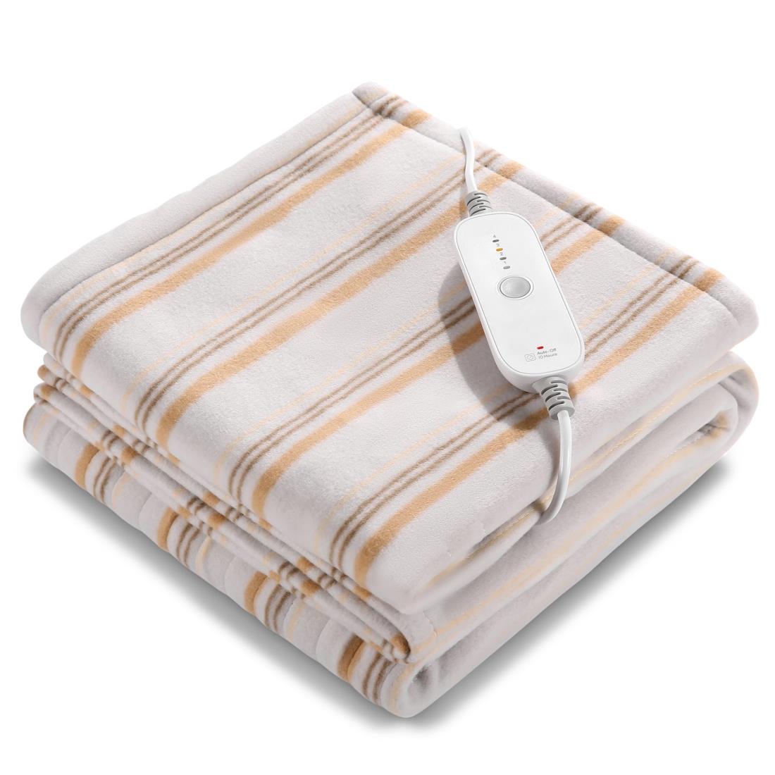 電気毛布 加熱ブランケット 130x160cm 4段階温度調節 10時間自動オフ機能付き 波状キャメル色 オフィス・家庭用
