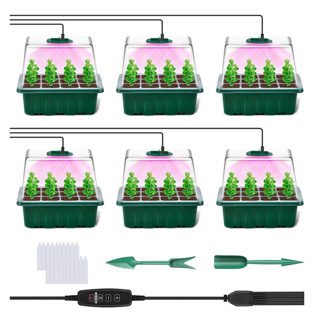 lanzoub 育苗ポット 育苗トレイ 6個セット 72穴 植物育成ライト付き 育苗箱 種まきポット トレー 高さ1..