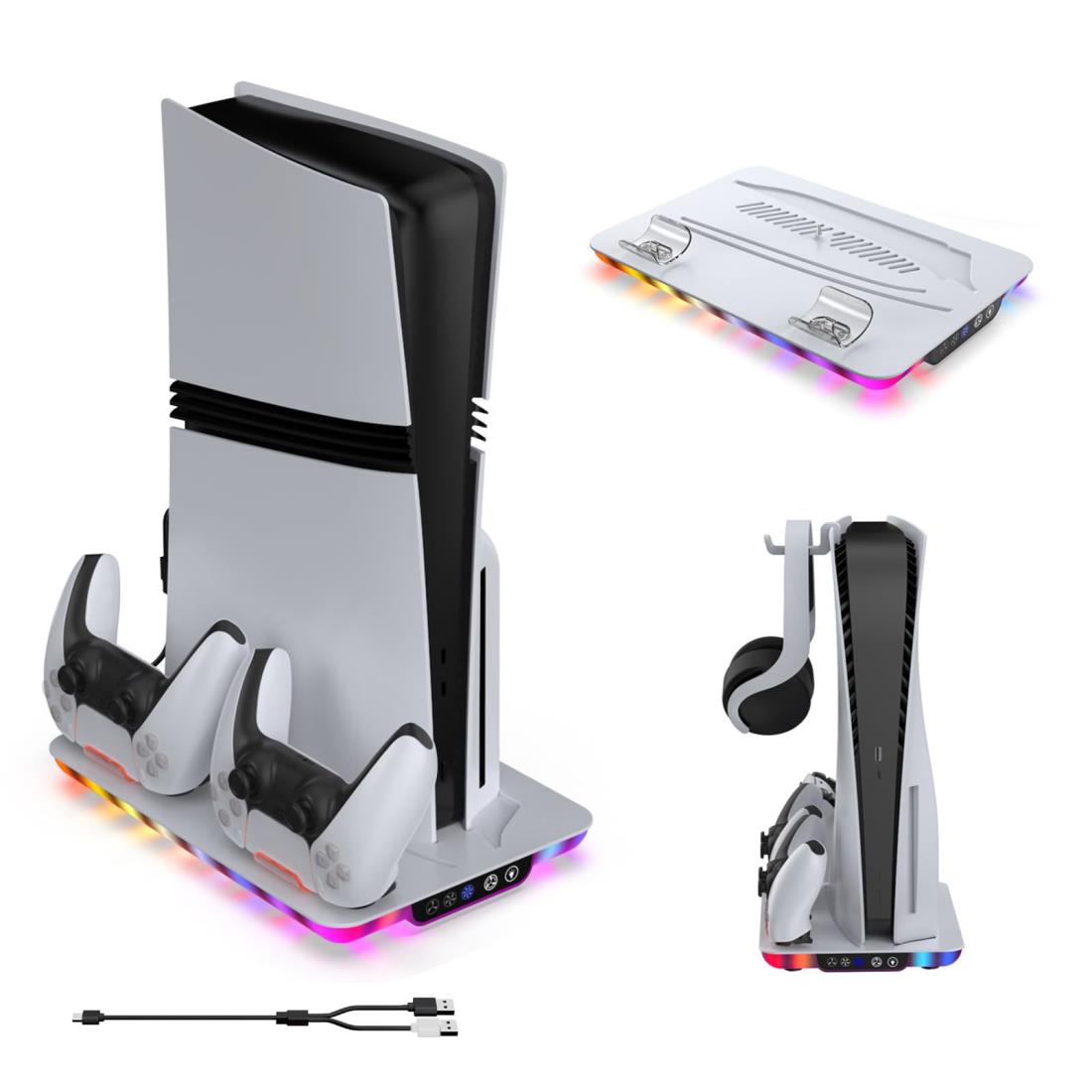 PS5 Slim/PS5 Pro/PS5対応 縦置き 冷却 スタンド 3段階風速調整 PS5 縦置きスタンド 冷却 PS5 コントローラー 充電/ヘッドセット/ps5 ディスクドライブ 2台同時充電 PS5 Pro/PS5 冷却ファン 純正 プレステ5 冷却ファン RGBライト LED 指示ランプ付 急速充電 過充電防止 PS5/P