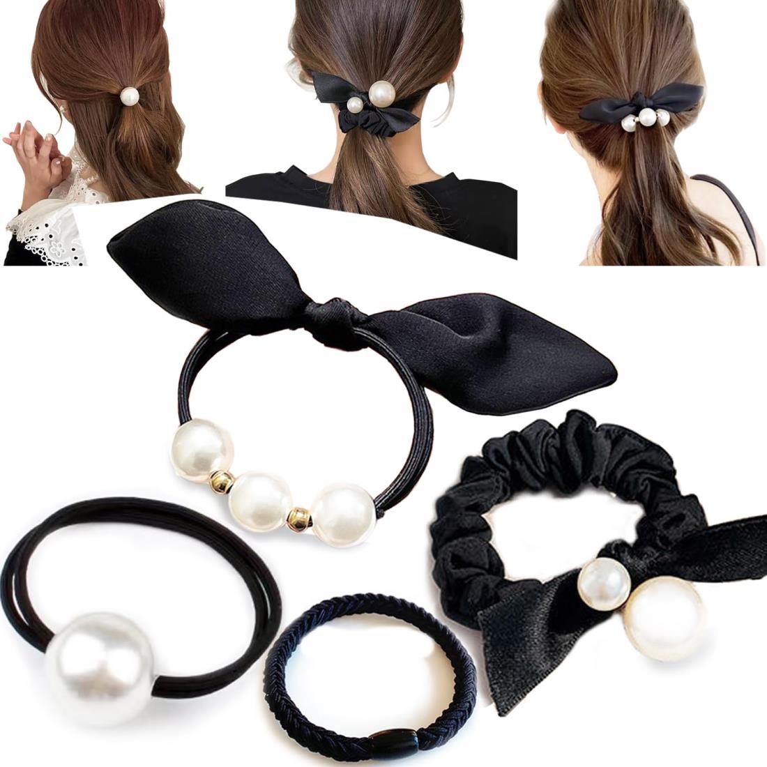 Aollaaヘアゴム パール付き 髪ゴム黒 人気韓国風【オシャレ！4種6本Mix】ヘアシュシュ可愛い リボン 髪留めゴム おしゃれ大人ヘアアクセサリー 跡がつかない 黒色 ヘアリングゴム レディース ヘアアレンジ パール髪飾り（4種6本）