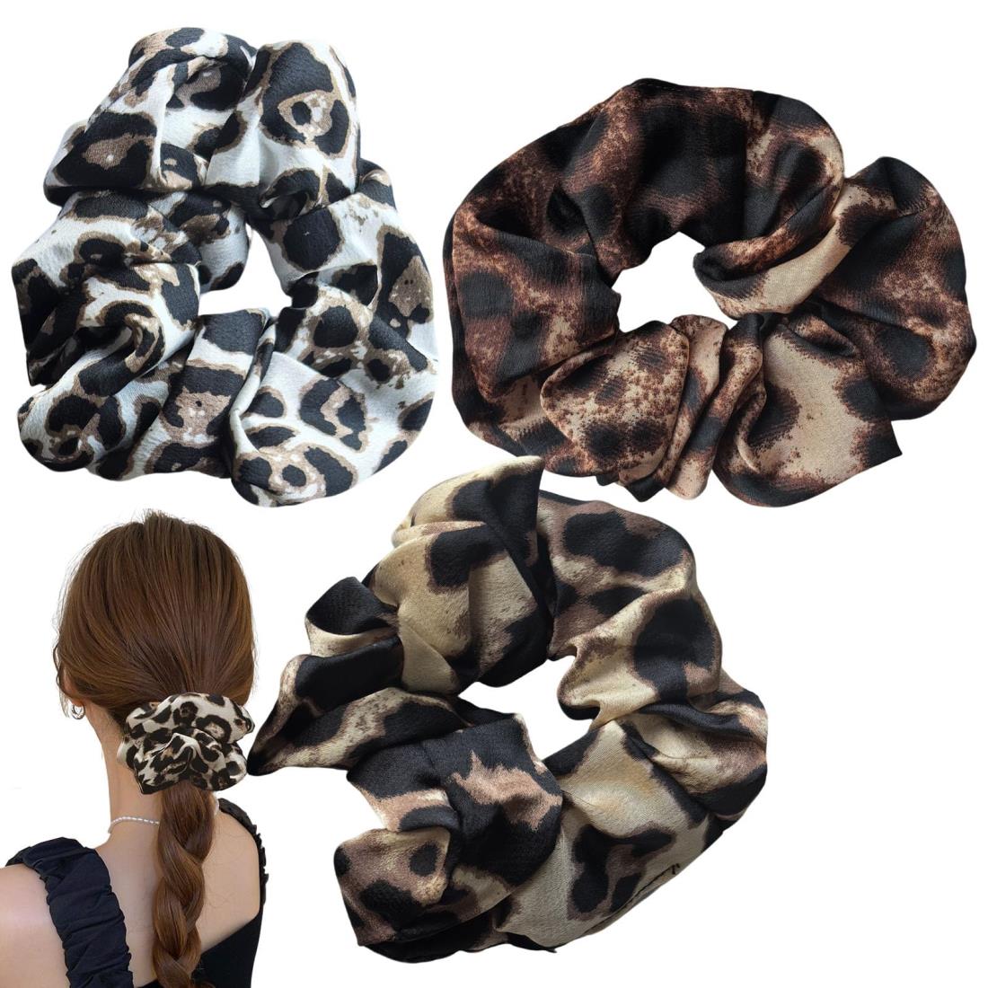 shefun シュシュ 大人 サテン 髪の毛 ゴム 無地 花柄 ヒョウ柄 絞り染め かわいい 大きめ 3個セット レディース オトナ しゅしゅ JP324 (豹柄)(4)