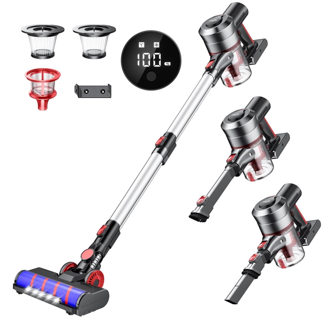 掃除機 コードレス 【45000pa強力吸引＆75分連続稼働＆壁掛けブラケット&アダプター付き】 LCD液晶ディスプレイ サイクロン 掃除機 スティッククリーナー ハンディクリーナー 着脱式バッテリー 強弱2段階モード 左右180°上下90°回転 多重濾過 LEDライト付 伸縮パイプ ワン(3)