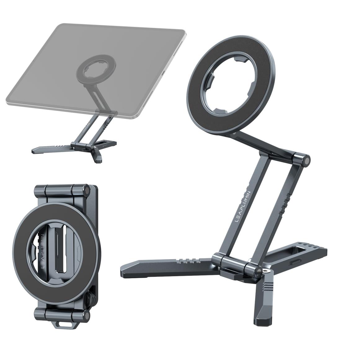 磁気式iPad三脚スタンド – iPad Pro/Air/MiniおよびiPhone 15～12シリーズに対応 | 360°回転可能なポータブルタブレットホルダー、デスクトップ＆ハンドヘルドの2-in-1モード | 軽量105g