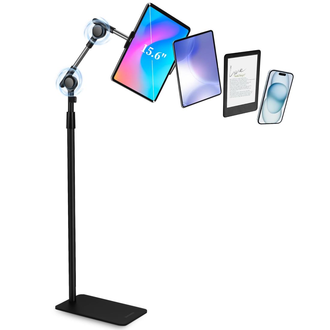 SHUWEI タブレットスタンド 床置き 独自開発の自動ロック装置 高さと角度自由調整 最高160cm アルミ合金折りたたみアーム 360度回転 本体重量3.4kg 耐荷重5kg 4.7-15.6インチのスマホ/タブレット/モバイルモニタ対応 ソファーサイドとベッドサイド 寝ながら用 動画配信 モデの商品画像