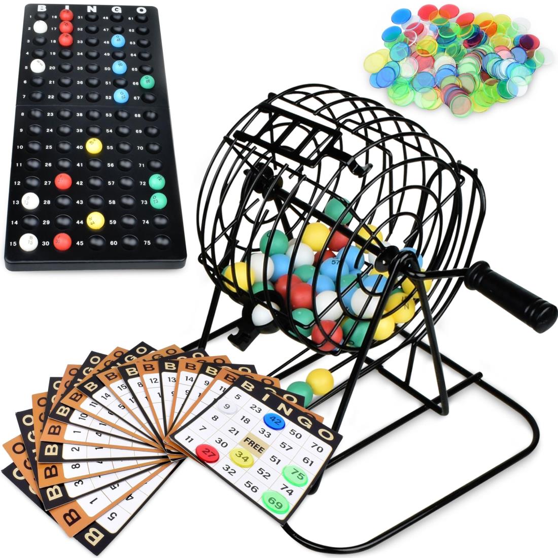 Queensell 大人用ビンゴゲーム - メタルケージ、ボールセット、カード付きの最高のボードゲーム - 大人向けのファミリーゲーム