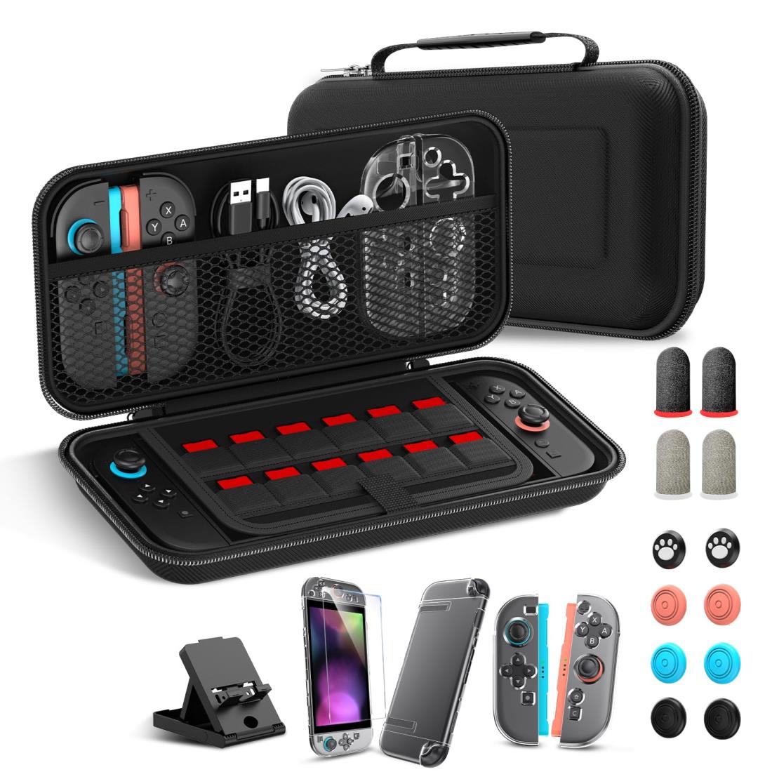 Switch2対応 ケース Sungale 保護カバー 収納ケース＋ガラス保護フィルム＋スティックキャップ8枚＋Switch2分体式カバー TPU&PC材質＋スタンド＋指サック ゲーム用 大容量 収納バッグ 12ゲームカードスロット 耐衝撃 防塵 防水 全面保護 持ち運び 旅行 Switch 2(2025)の保護