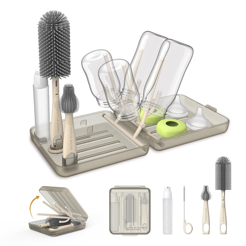 VOGOGE 哺乳瓶洗い 旅行, 哺乳瓶ブラシ 持ち運び, 赤ちゃん旅行の必需品, 透明なコーヒー色