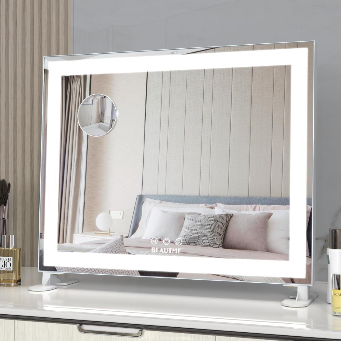 ANYHI 女優ミラー 卓上、ハリウッドミラー壁掛け 、ライト付きLED化粧鏡、3つのライトモード 調節可能な明るさ 、10倍拡大鏡（48.5x41cm,銀）