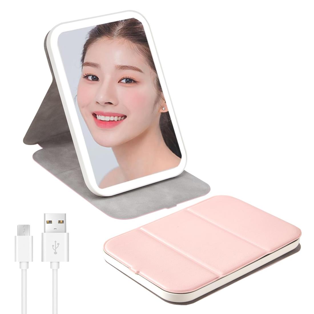 LunarCorky 化粧鏡 ライト付き 明るさ調節可能 コンパクトミラー PUレザーカバー付き メイク鏡 卓上 ledライトミラー 3光色 化粧かがみ 無段階調光 角度は自由に調整 化粧鏡 女優鏡 日本語説明書付き-ピンク