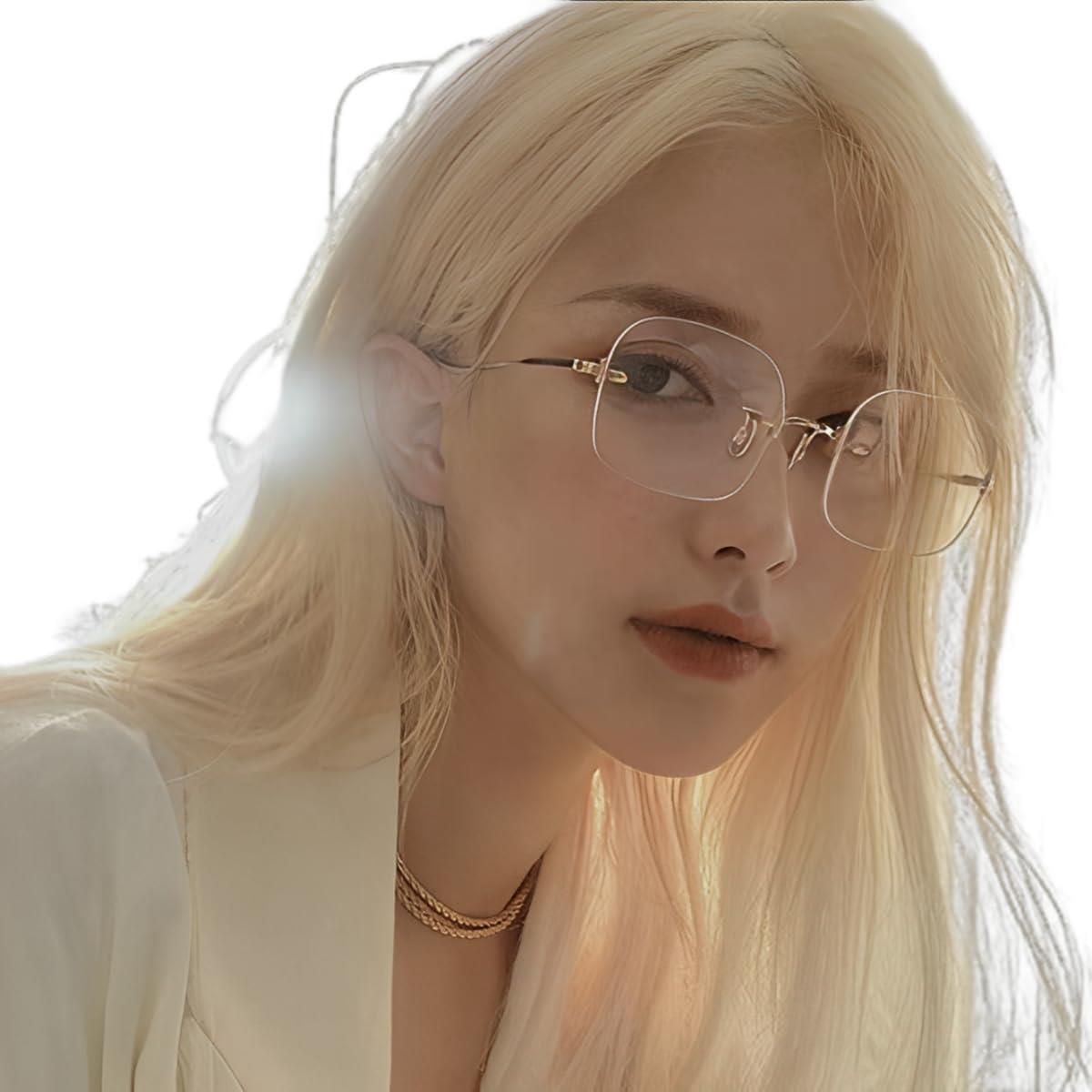 [88flix] リムレス メガネ 韓国 ブルーライトカット 伊達メガネ レディース 縁なし クリアレンズ 小顔 PC用 スマホ用 (ゴールド)