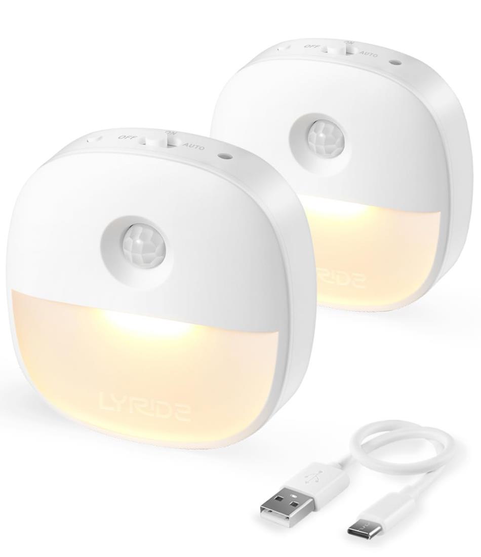 Lyridz センサーライト usb充電式 足元灯 人感センサーライト 室内 足元ライト 無段階調光 常夜灯 led フットライト 3モード ナイトライト 電球色 省エネ 薄型 廊下 寝室 玄関 階段 納戸 【2個入り·日本語取説】