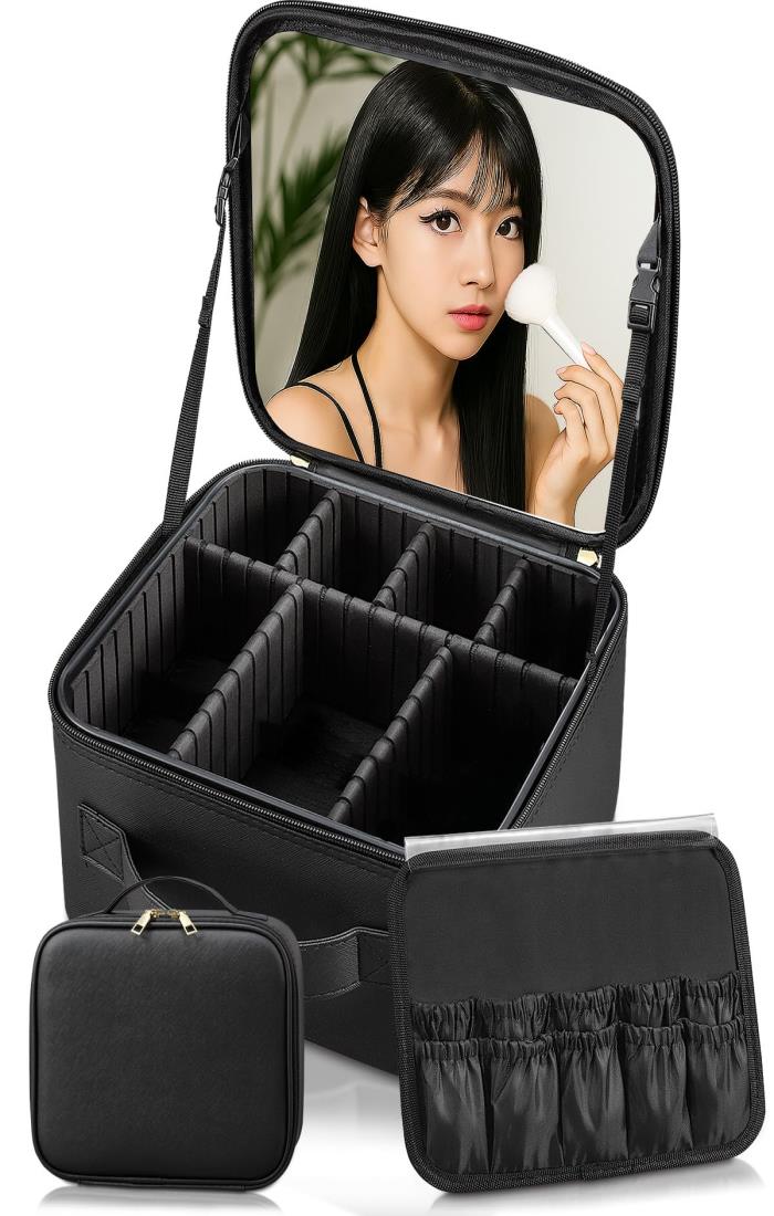 【高さ15cmリッキットファンでも縦置き収納 】メイクボックス 鏡付き 大容量 プロ仕様 ワイドミラー 持ち運び 取っ手付き おしゃれ 可愛いコスメ収納 化粧箱 コスメケース ANNOPE (ブラック, 高さ15cm)