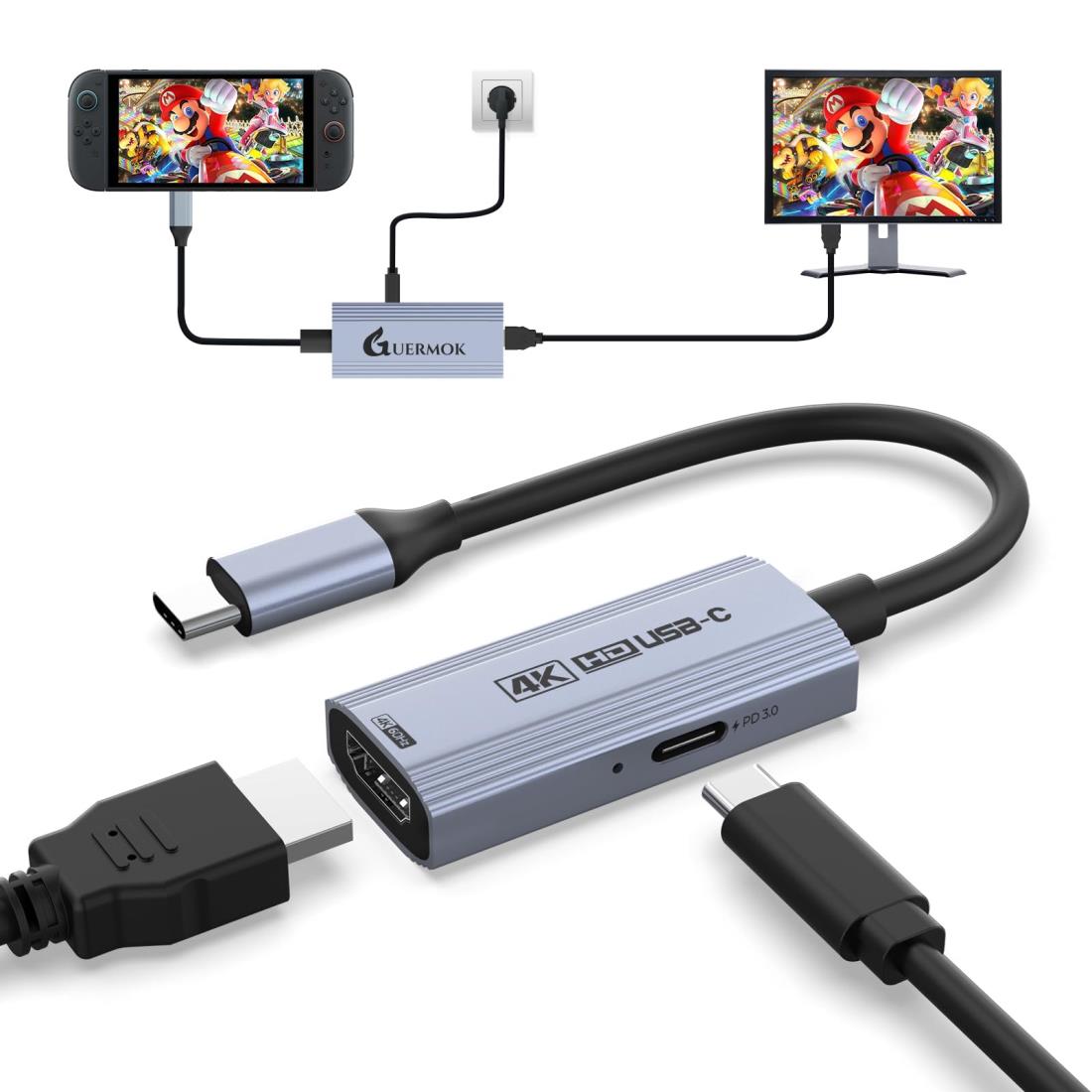 【2025年】Guermok Switch 2 TVモード拡張ドック変換アダプター｜4K@60Hz出力対応 & PD 100W急速充電 ｜USB-C to HDMI変換ハブ｜テレビ・キャプチャカード接続対応｜Switch（第1・2世代）、Steam 、iPad、MacBook、ポータブルモニター、ディスプレイ対応（シルバー）