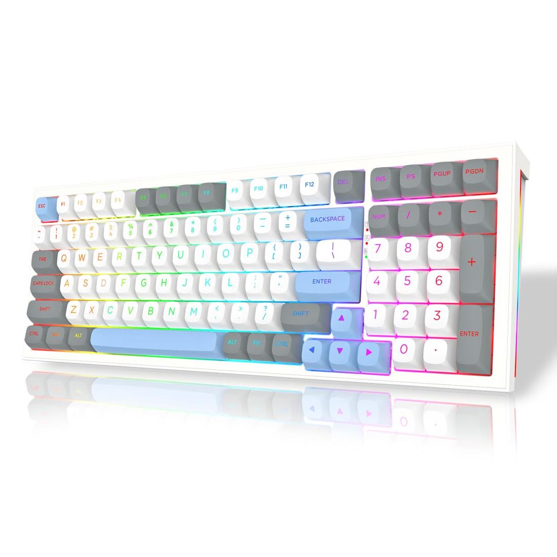 Redragon K723 メカニカルゲーミングキーボード ワイヤレス テンキー付き 銀軸 リニア ホットスワップ対応 英語配列 96%コンパクト ガスケット構造 着脱式 PBT二色成型 充電式 4000mAh BT/2.4GHz無線/USB-C有線 RGBバックライト 高耐久性 PC/Mac/PS5/Xbox/スマホ対応 (ホワイ