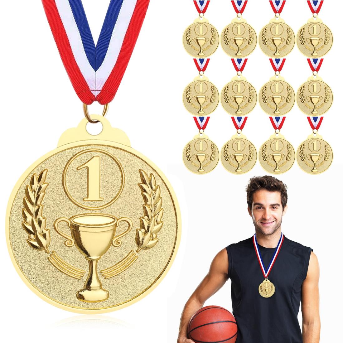 Hianjoo 12枚 子供用 メダル 金メダル 銀メダル 銅メダル 金属製 ストラップ付き 運動会 記念 優勝 保育園 幼稚園 誕生日 大会 スポーツ ゲーム 順位 - [金メダル]