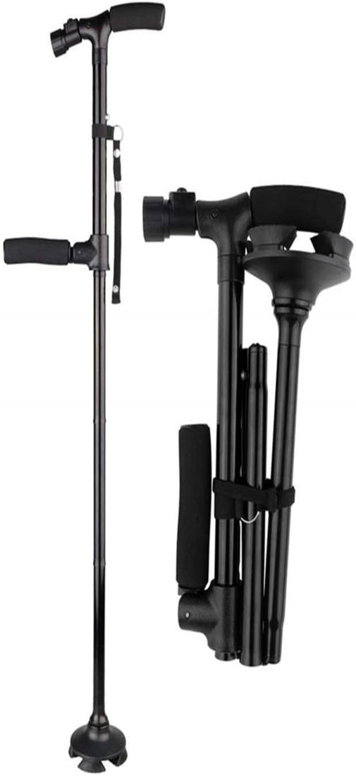 EASYLEE 人気 ステッキ 杖 自立式 折りたたみ 4点杖 軽量 アルミ製 頑丈 高輝度LEDライト 搭載 ダブル..