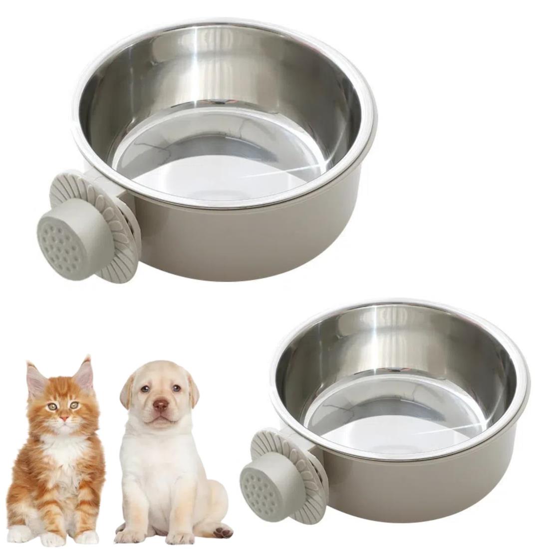 Jravezt ペットぶら下げボウル 餌入れ 2個セット ペット食器 ペットボウル 小動物給食器 固定 ヘルスウォーターボウル 猫 犬 うさぎ 小動物用 (グレー, S+M)