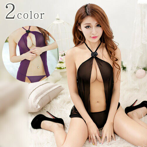 【メール便送料無料】セクシー ランジェリー ベビードール ショーツ　パープル/ブラックの2カラー■勝負下着 ガーター スリップ Tバック 過激 キャミソール 大人のサムネイル