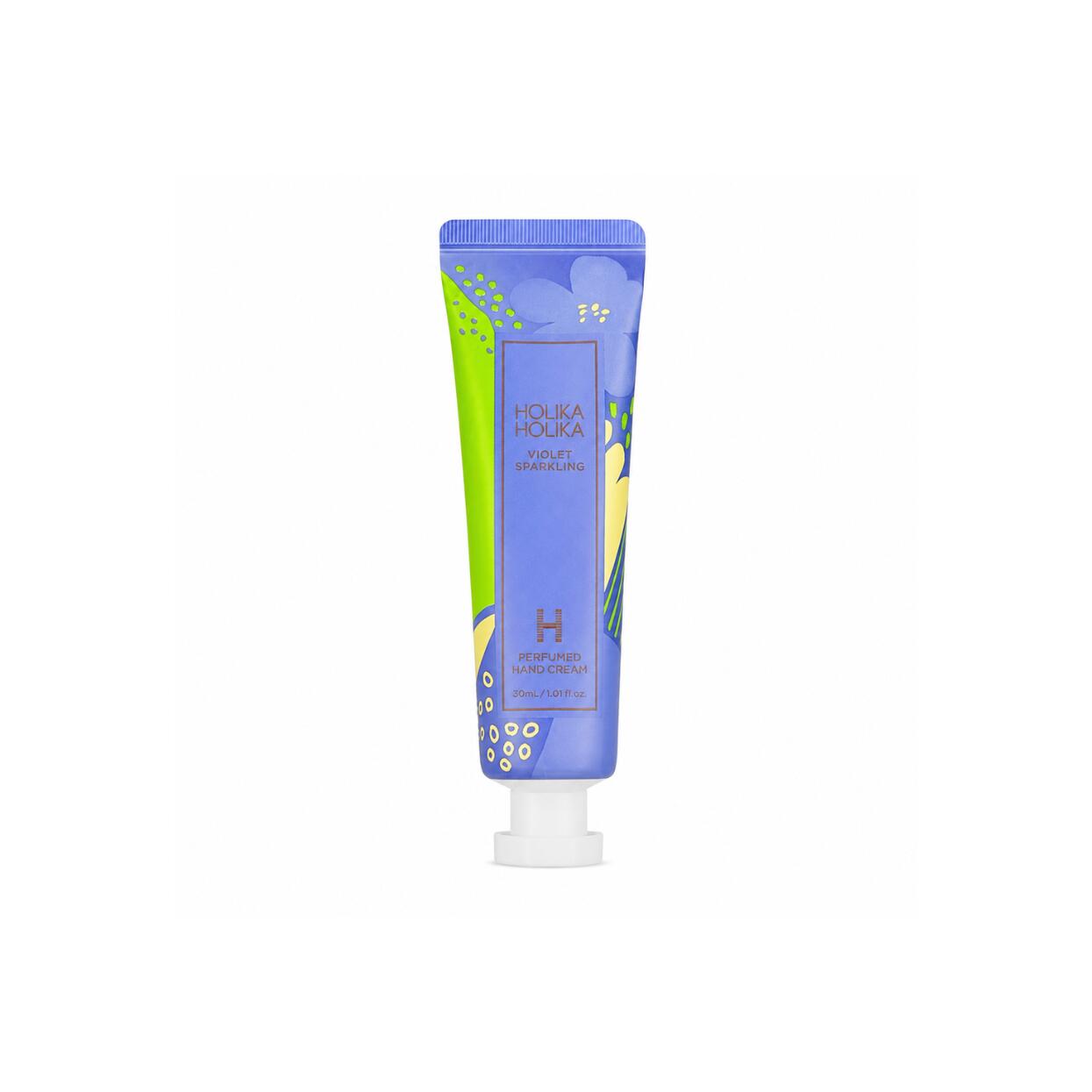 HOLIKA HOLIKA Perfumed Hand Cream 30ml Violet Sparkling 可憐なスミレの上品な甘さに弾けるような爽快感が重なるスパークリングフローラルノート香水のようにふんわりと香り立ち日常のハンドケアに心地よいリフレッシュ感をもたらしますなめらかに伸び広がるテクスチャー