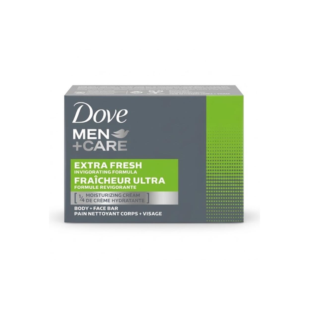 Dove MEN CAREEXTRA FRESH FRAICHEUR ULTRA Body Face Bar 106g 도브 맨 켘어 엑스트라 프레시 바디 페이스 바 106g 男性特有の皮脂汚れやベタつきをすっきり落としながら乾燥から肌を守るダヴ メンケアの全身用固形石鹸です爽快感あふれるエクストラフレッシュの香りで気分までリフレッシュ保湿クリーム成分を配合した独自の処方により汚れをしっかり洗い流し洗い上がりのつっぱり感を防ぎなめらかな肌触りを保ちます