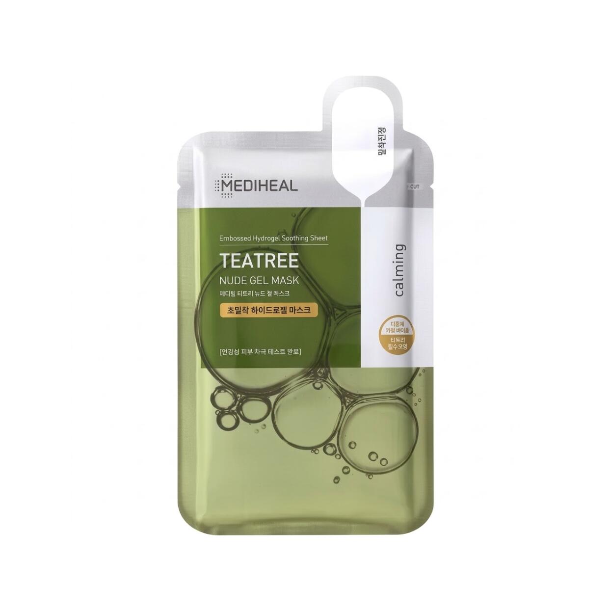 MEDIHEAL Teatree Essential Nude Gel Mask 30g 上下セパレート型のぷるぷるハイドロゲルシートが肌へ隙間なく吸着し高濃縮ティーツリー成分でゆらぎ肌や肌荒れを集中クールダウンし整える鎮静ゲルマスク