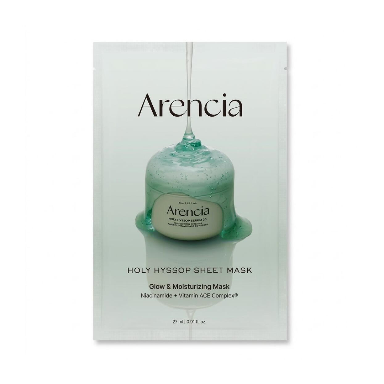 Arencia Holy Hyssop Sheet Mask 27ml 10EA 아렌시아 히송 랉혍 27ml 10EA フランス産ヒソップエキスとビタミンACEコンプレックスを配合した27mlの濃密美容液がヴィーガンセルロースシートで肌に高密着し乾燥くすみをケアして透き通るようなツヤ肌へ集中ケアマスクろみのある濃厚なセラムをたっぷり含んだヴィーガンセルロースシート