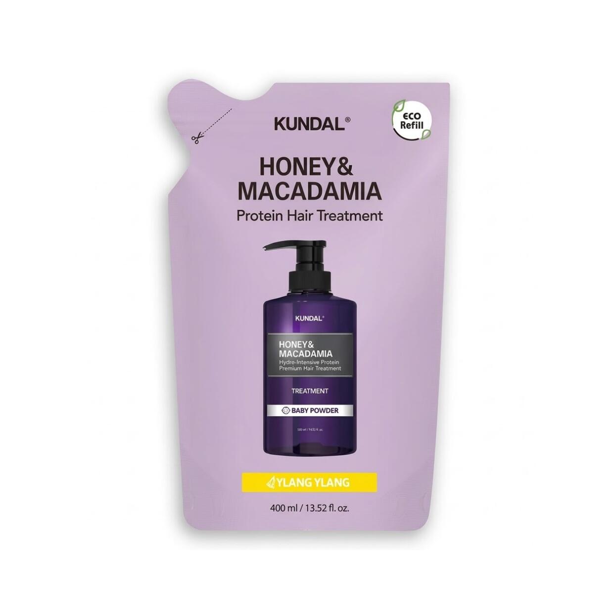 KUNDAL Honey Macadamia Treatment Refill 400ml 탰달 허니 애 마카다미아 트리트먼트 리필 400ml ハチミツエキスやマカダミア種子エキス等の植物由来保湿成分を配合 地肌に近い弱酸性のきめ細かな泡が頭皮の皮脂や汚れをやさしくオフ洗髪後のパサつきを抑えて指通りなめらかなツヤ髪へ整えるデイリートリートメント詰め替え用上質な香りが続く詰替用ヘアケア