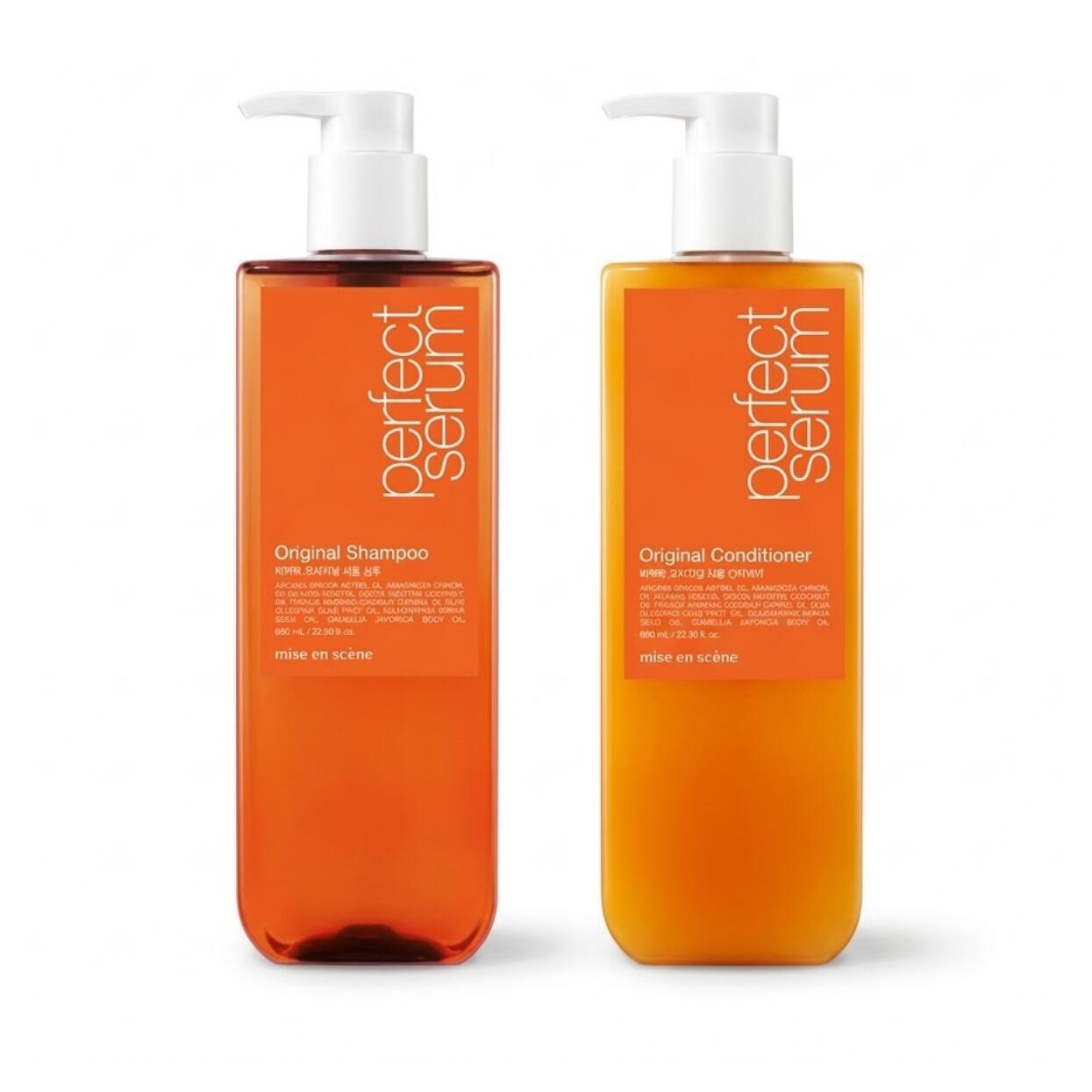 mise en scenePerfect Serum Original Shampoo Conditioner Set 680ml 미쫽센 퍼펝트세럼 680ml 厳選されたモロッコ産アルガンオイルなど7種の植物オイルを黄金比率で配合カラーや熱で傷んだ髪の奥深くまで浸透し毛先のパサつきや広がりを集中的に補修し濃密泡で頭皮をすっきり洗うシャンプーとなめらかにコーティングするコンディショナーでサロン帰りの指通りへ魅惑的なフルーティフローラルの香りが一日中ふんわり持続