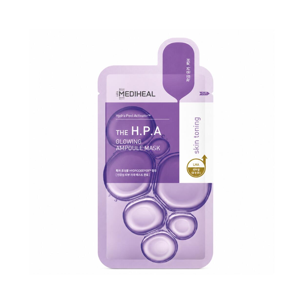 MEDIHEAL The HPA Glowing Ampoule Mask 27ml LHA PHAなどのマイルドな酸成分が皮膚刺激を抑制し不要な老廃角質を除去 ヒアルロン酸ペプチドを組み合わせた独自複合体HPA配合で古い角質をおだやかにケア高透過ハイドロゲルヴィーガンシートみずみずしいツヤ透明感を与えるピーリンググロウマスク