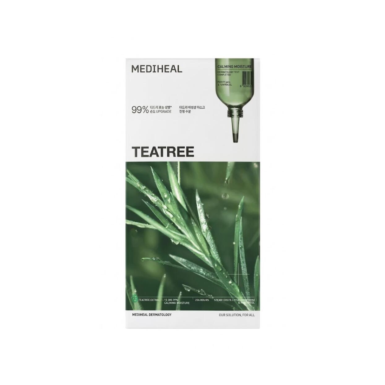 MEDIHEAL Teatree Essential Mask Calming Moisture メディヒール独自開発純度99%高純度低分子ティーツリー4重集中カーミング 乾燥やマスクの摩擦季節の変わり目による肌荒れ赤みを穏やかに落ち着かせます肌の奥から溢れるうるおい水分値155%増加