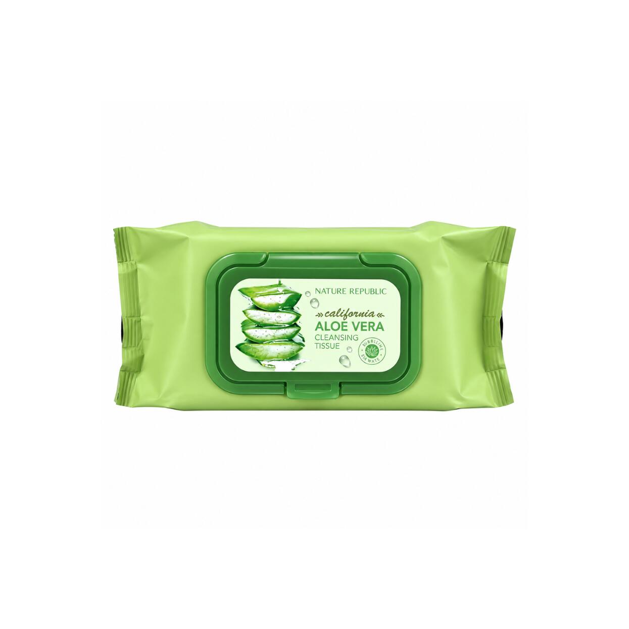 NATURE REPUBLICSoothing Moisture Aloe Vera Cleansing Tissue 80Wipes 넌이처리퍤블립 시딩 앤 빔이스처 알로에베라 클렌징 티슈 80매 カリフォルニア産アロエベラエキス配合みずみずしいクレンジングティッシュ厚手で柔らかなシートが肌にフィットし濃いポイントメイクや毛穴の奥の皮脂汚れまで素早くオフうるおい成分が乾燥を防ぎ拭き取りつっぱり感のないしっとりなめらかな肌触りを保ちます帰宅後すぐにメイクを落としたい時や疲れた夜の時短スキンケア