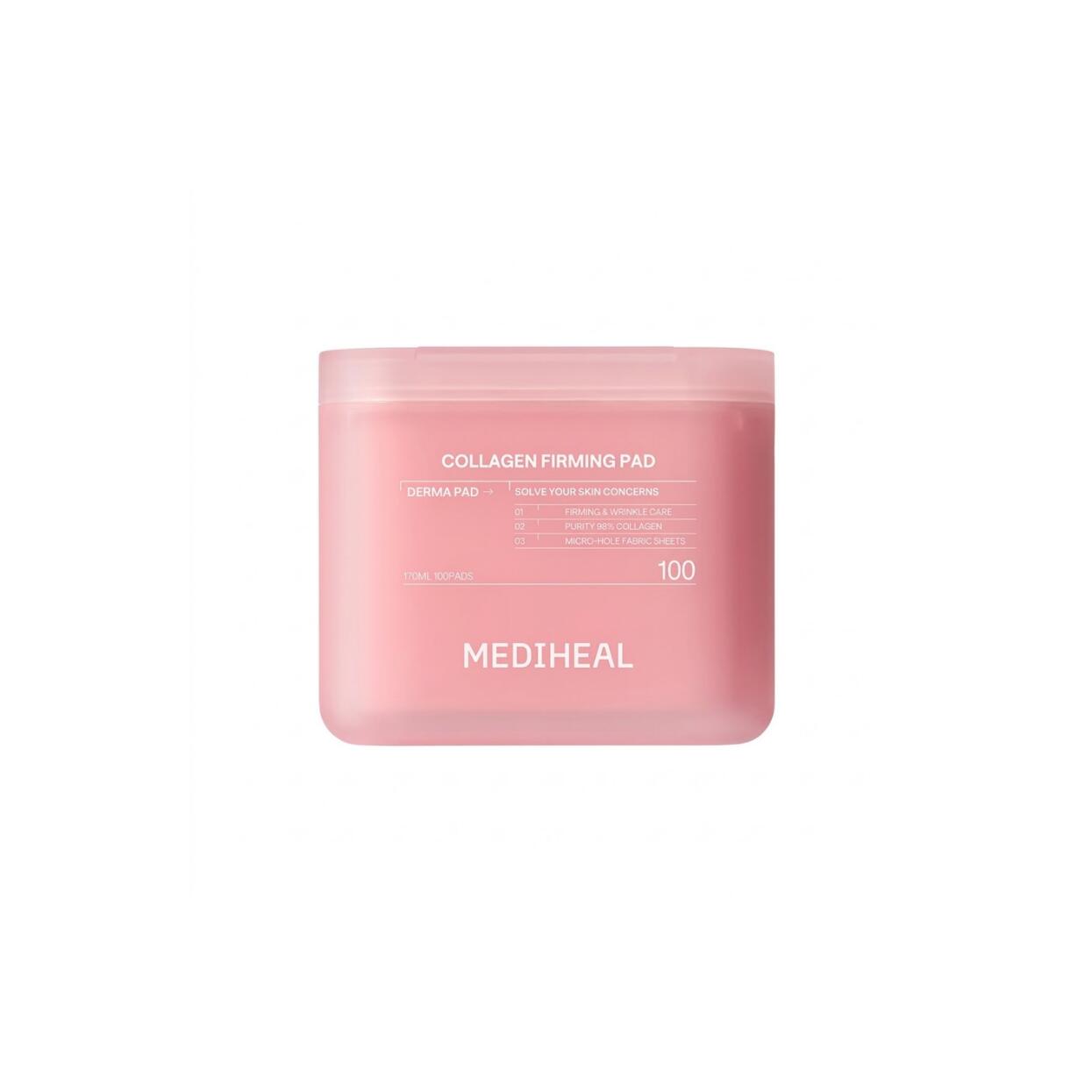 MEDIHEAL Collagen Ampoule Pad 100 Sheets 메디힐 톄라겐 채움 패드 100매 67mm四方の大判スクエアシートがフェイスラインにぴたっと密着 毎日のふき取りで不要な角質を整えつつ低分子コラーゲン セラミド ミルクプロテインが肌の奥までうるおいを届けふっくらなめらかなツヤ肌へと仕上げます