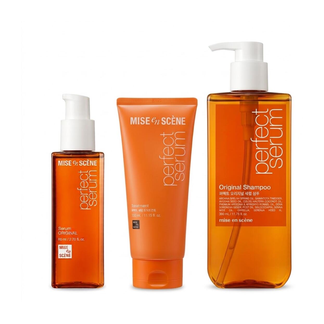 mise en scene Perfect Serum Original Shampoo 530ml + Serum Treatment 330ml+ Original Serum 80ml Set 미쫽센 퍼펝트 세럼 오리지널 셐회 530ml 및 세럼 턴리트먼트 330ml및 오리지널 세럼 80ml 세트 髪を優しく洗い上げ濃厚なトリートメントで毛先までたっぷり栄養を補給しセラムで潤いを閉じ込めることで熱やカラーによるパサつき枝毛広がりを集中的に補修しっとりとまとまり指通りの良いサラサラな髪にフルーティフローラルの香り