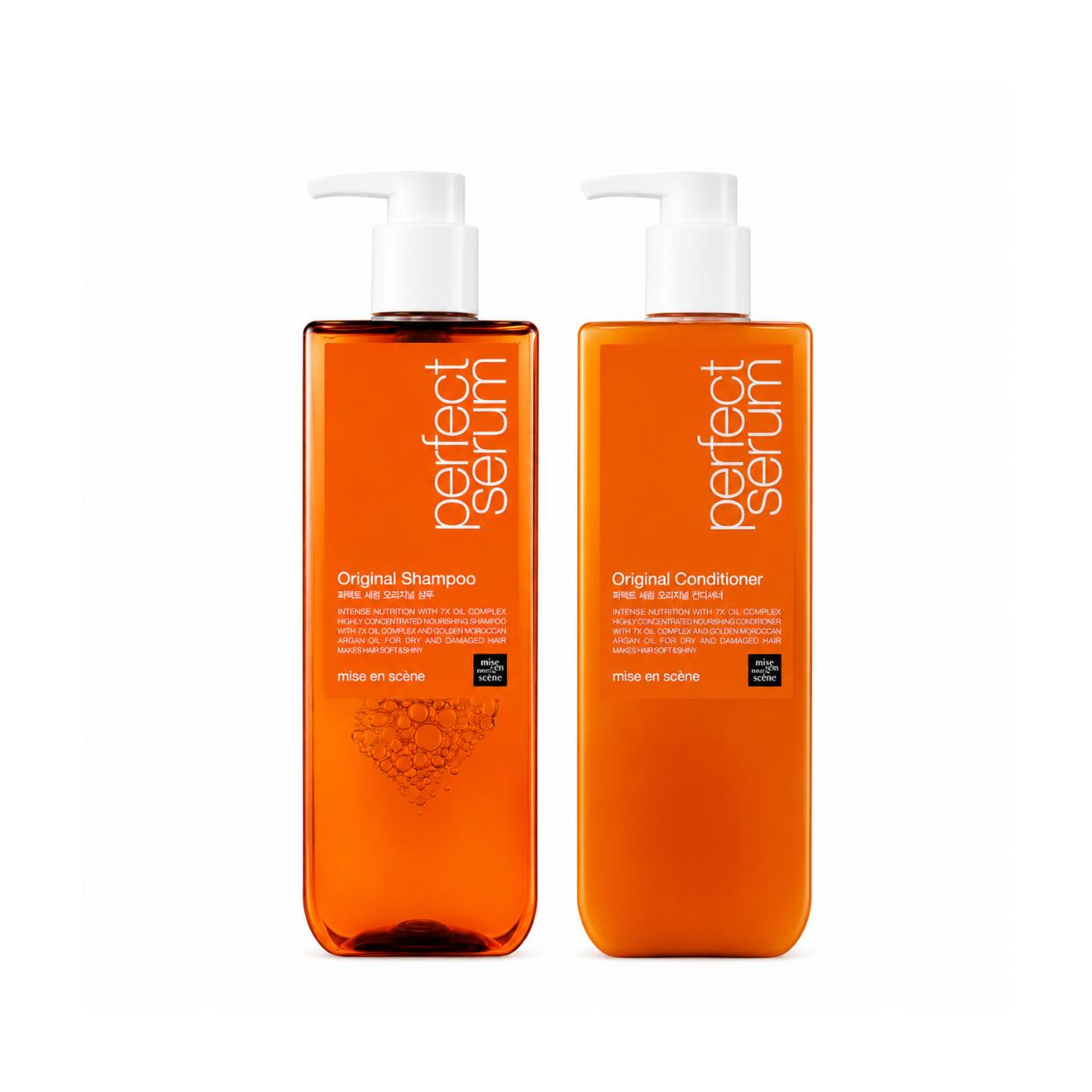 mise en scènePerfect Serum Original Shampoo Conditioner Set 680ml ダメージを受けた髪にうるおいとツヤを与えるパーフェクトセラム オリジナルラインのシャンプーコンディショナーセット頭皮の汚れをやさしく洗い落としうるおいを保って洗い上げ髪1本1本を包み込み指通りの良い仕上がりに