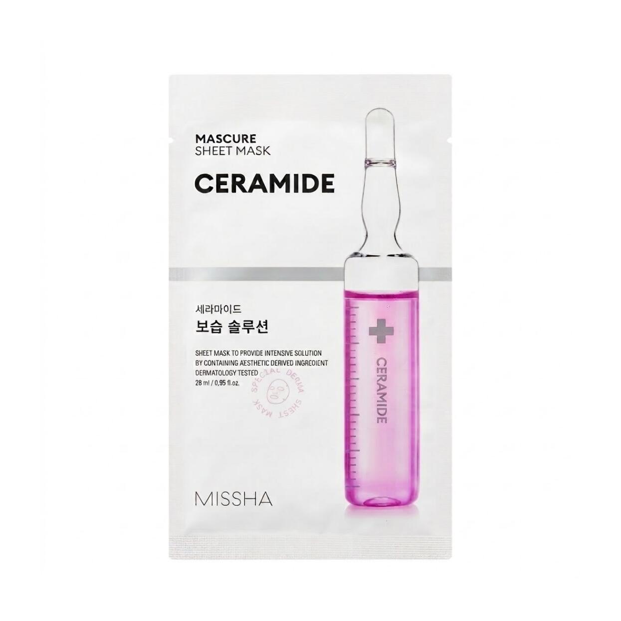 MISSHAMascure Moisture Solution Sheet Mask Ceramide 28ml 肌のバリア機能をサポートするセラミドNPを配合した高保湿ミルク美容液が極細セルロースシートが肌に密着して揺らぎやすい肌をもっちり健やかに整える集中ケアシートマスク