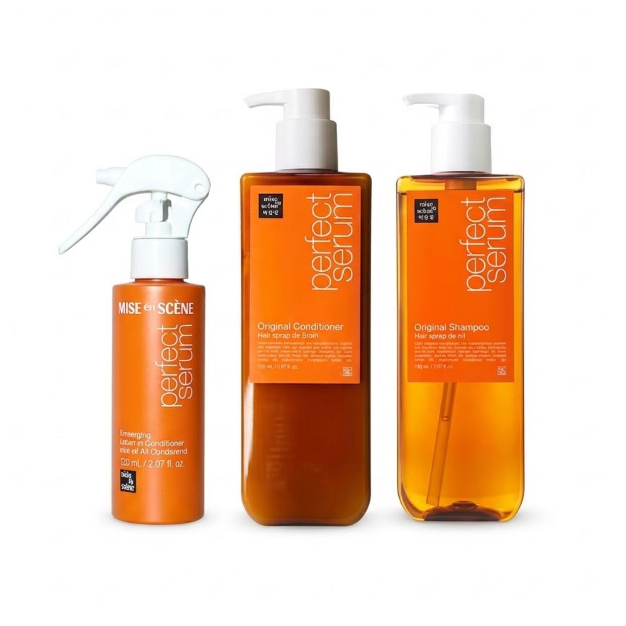 mise en scene Perfect Serum OriginalShampoo 680ml + Conditioner 680ml + Serum Mist 150ml Set 미쫽센 퍼펝트 세럼 오리지널 셐회 680ml 및 텘디셤너 680ml 및 세럼 미스트 150ml 세트 7種の植物性ゴールデンオイルを配合したシャンプーコンディショナー680mlに手軽に潤いを補給できるセラムミスト150ml3セット日中の乾燥や寝ぐせ直しお風呂上がりの時短ケアに最適なミストが傷んだ髪のパサつきや広がりを軽やかに補修します自然なツヤとうるおいを与え毛先まで指通りの良いしっとりサラサラ髪へ魅惑的なフルーティフローラルの香り