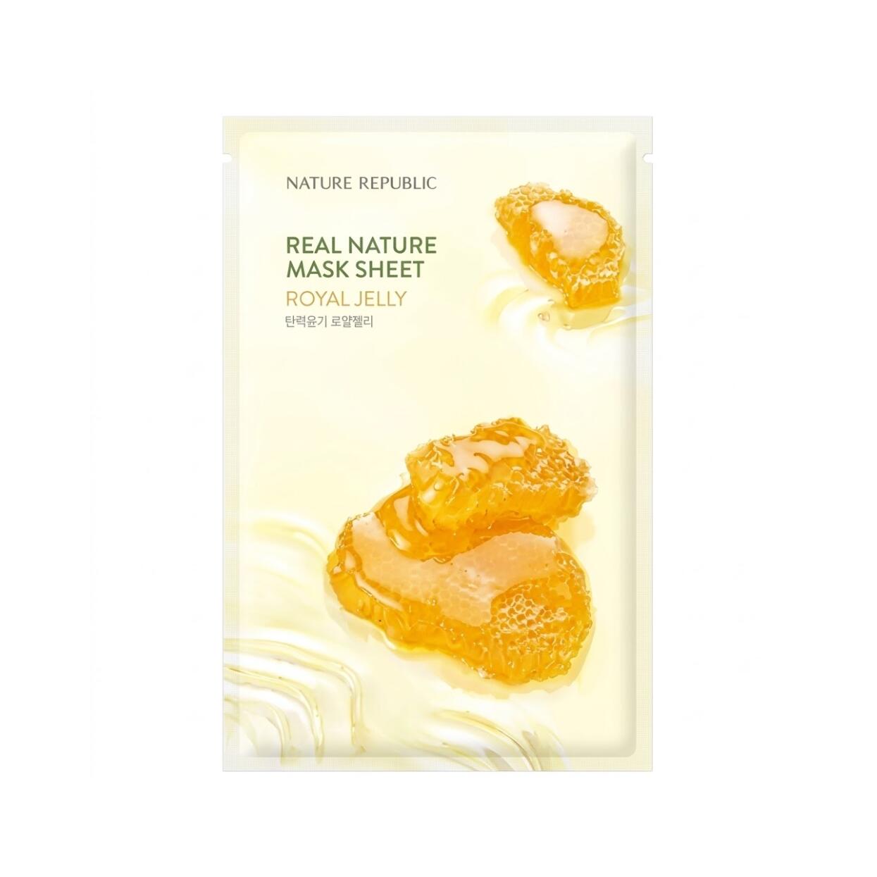 NATURE REPUBLIC Real Nature Royal Jelly Mask Sheet 23ml 豊富なアミノ酸やビタミン ミネラルを含むローヤルゼリーエキス配合 弾力を失った肌に濃密な栄養を補給ふっくらとしたハリとツヤを与えます ハリ弾力 栄養補給 世界各地の豊かな自然の恵みを取り入れた韓国発の自然派スキンケアブランドアロエベラやCICAをはじめとする植物由来成分にこだわりデリケートな肌をやさしく整えます毎日続けやすい確かな品質とコストパフォーマンスで世代や性別を問わず支持されています
