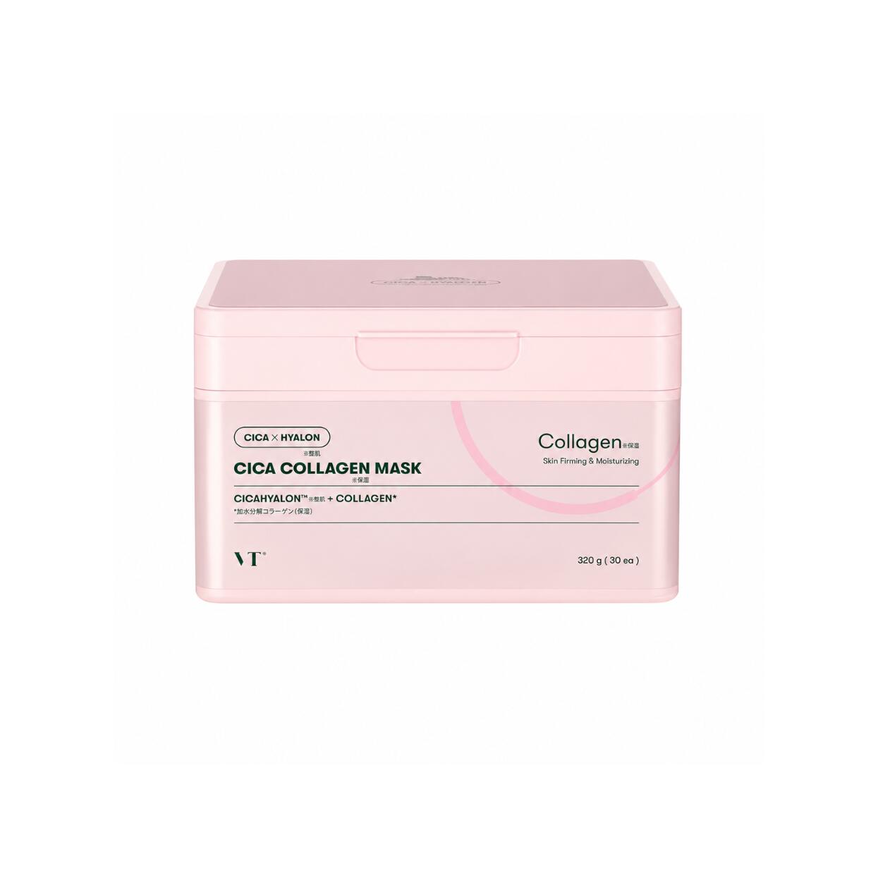 VT CICA Collagen Mask 30pcs CICA成分 低分子コラーゲン配合 乾燥してハリを失った肌にうるおいと弾力をチャージぴったり密着するシートが角質層まで浸透し肌のキメを整えながらキュッと引き締まったモチモチのツヤ肌へシリーズの中でも特にたるみ毛穴乾燥によるハリ不足が気になる方に特化