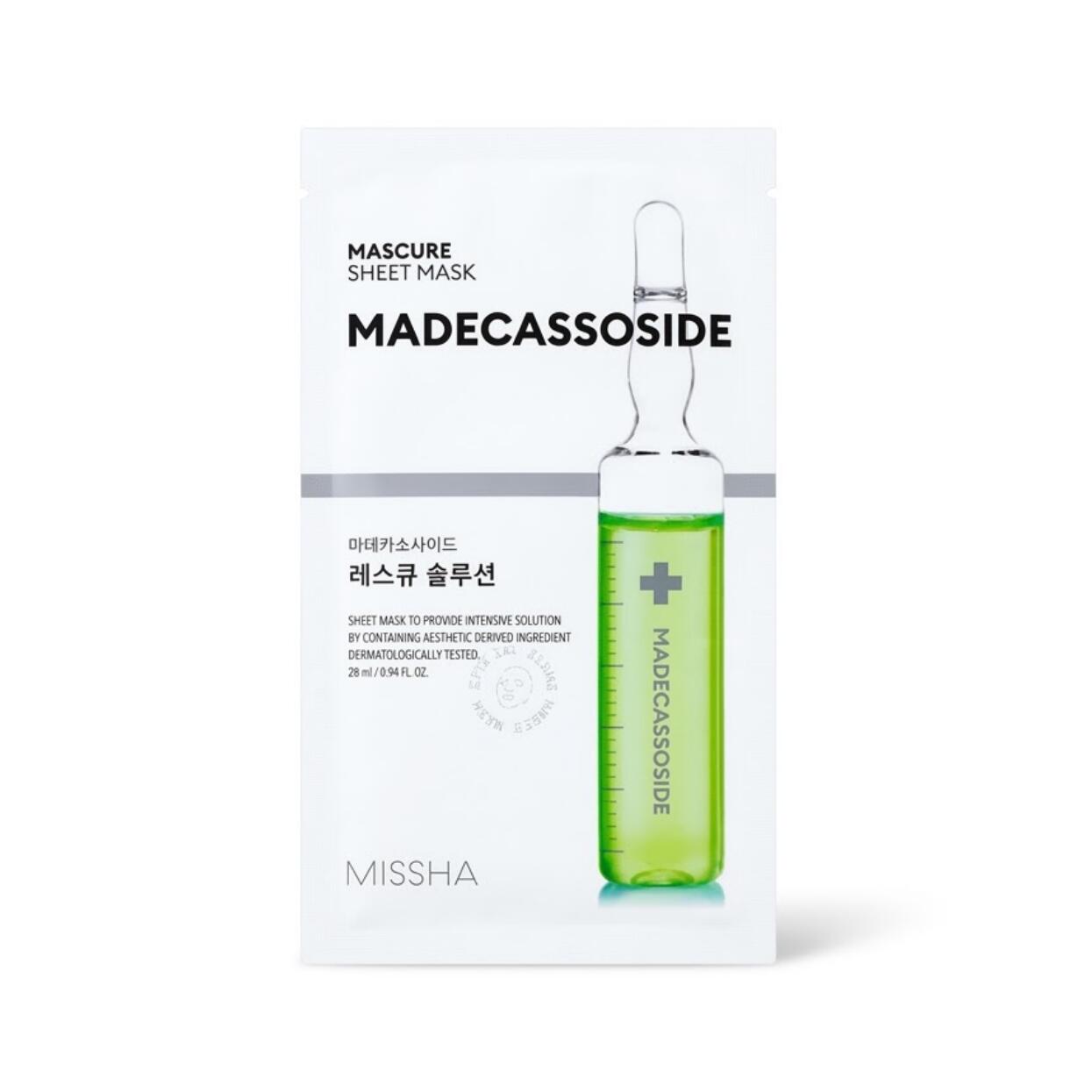 MISSHAMascure Rescue Solution Sheet Mask Madecassoside 28ml ツボクサ由来の有用成分であるマデカソサイドを配合敏感に傾いた肌のコンディションをやさしく整えすこやかな素肌環境をサポート低刺激マスキュアPTセルシート採用で摩擦ストレスを抑えます